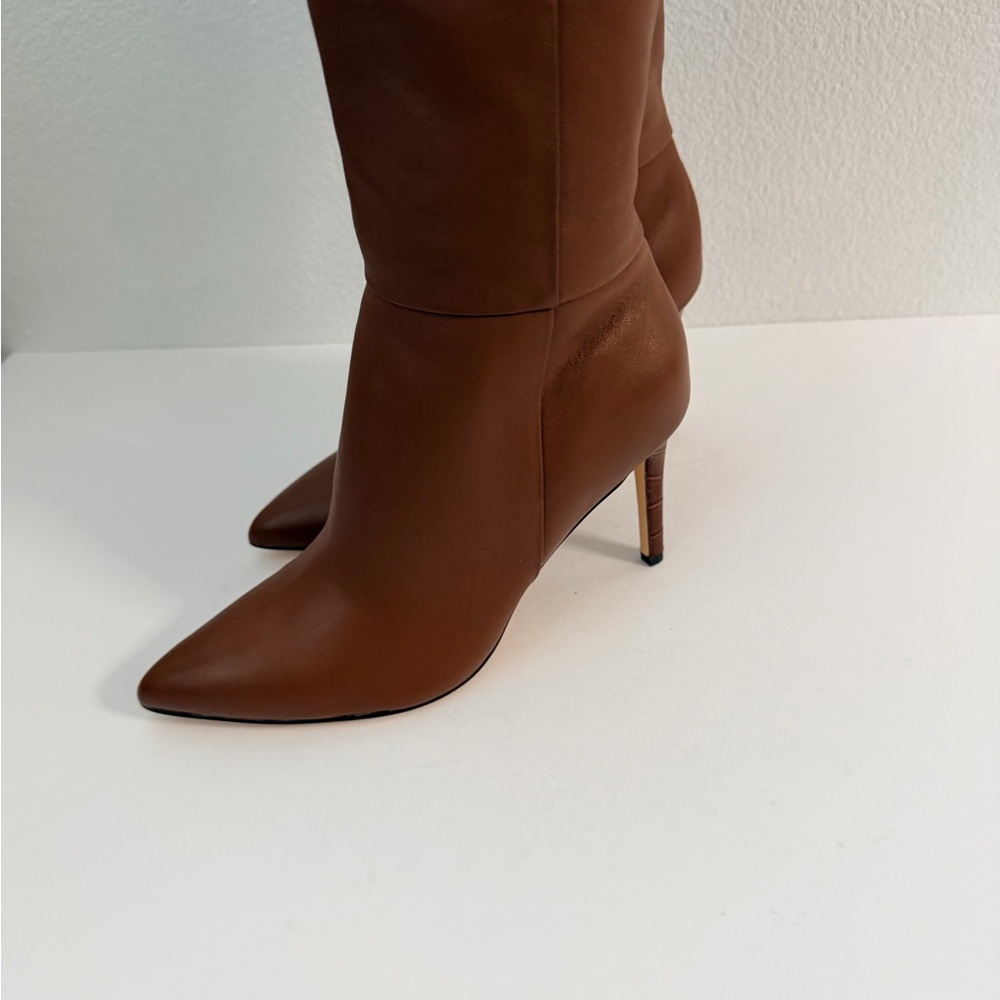 Nine West Women's Richy Knee High Boot Pointed Toe 2.5” Heel Leather Croc Brown - Picture 3 of 9